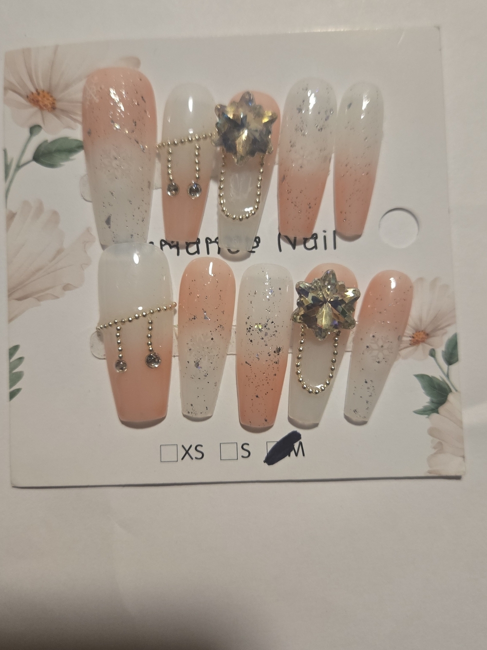 Peach & White Ombre Press-On Nail Set with Gold Accents